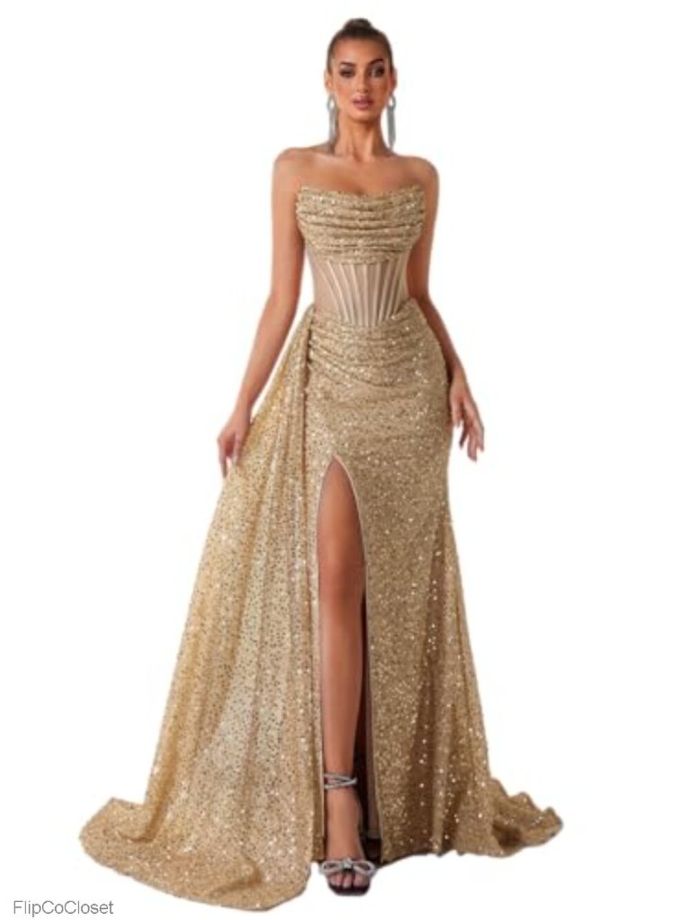 Sequin & Tulle Formal Evening Gown, Off Shoulder Sleeveless, Floor Length Prom